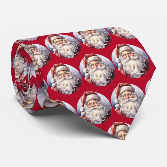 Retro Santa Claus in a Red Hat Christmas Pattern Neck Tie (Rolled)