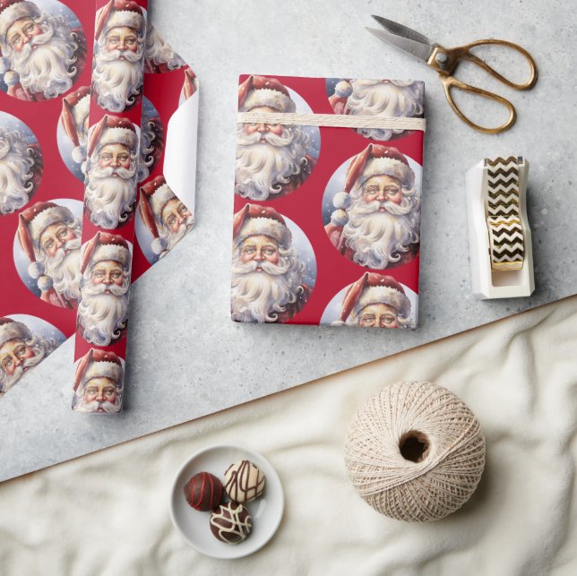 Retro Santa Claus in a Red Hat Christmas Pattern Wrapping Paper (Crafts)