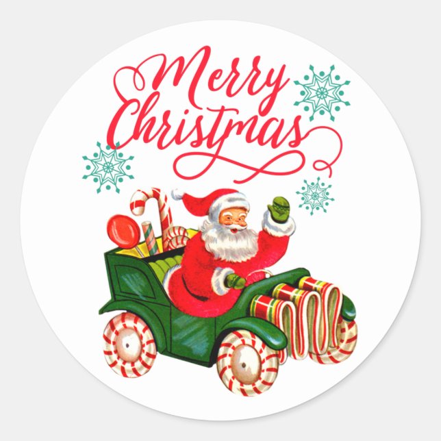 Retro Santa Claus in Candy Car Classic Round Sticker (Front)