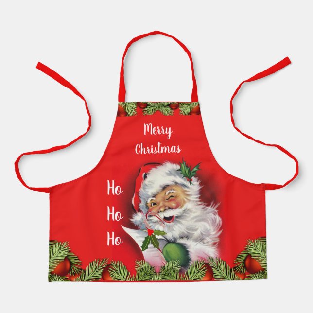Retro Santa Claus Kids Christmas Red Apron (Front)