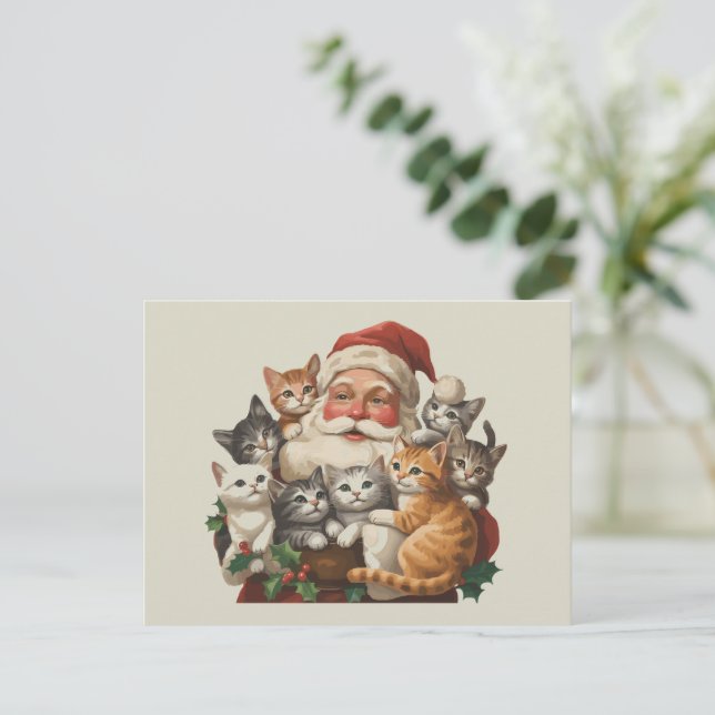 Retro Santa Claus & Kittens Christmas Winter 90s  Holiday Postcard (Standing Front)