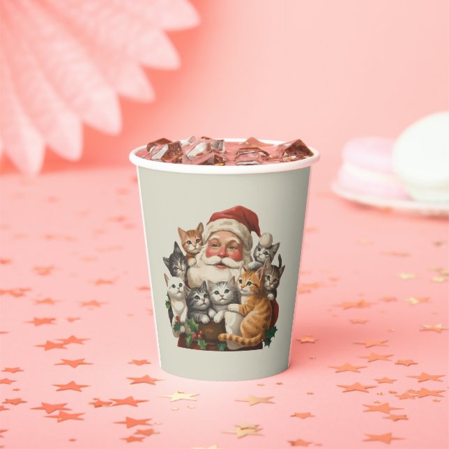 Retro Santa Claus & Kittens Christmas Winter 90s  Paper Cups (Insitu)