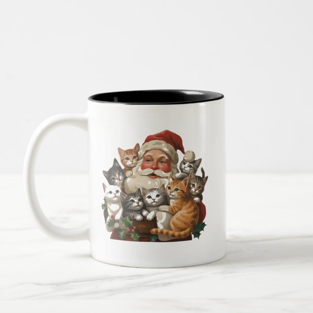 Retro Santa Claus & Kittens Christmas Winter 90s  Two-Tone Coffee Mug (Left)