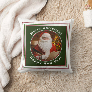 Retro Santa Claus Merry Christmas Happy New Year  Throw Pillow