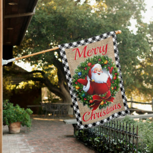 Retro Santa Claus Merry Christmas Wreath Holiday House Flag