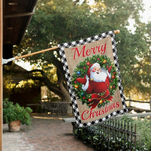 Retro Santa Claus Merry Christmas Wreath Holiday House Flag
