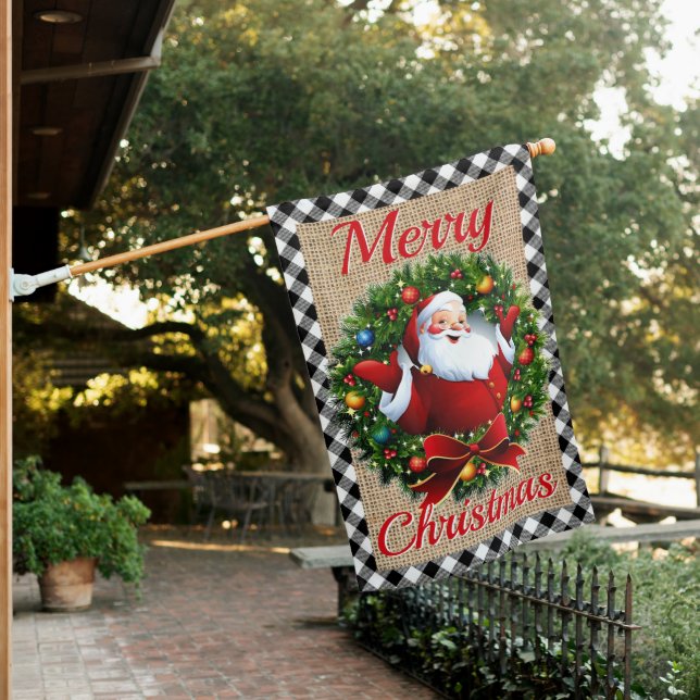 Retro Santa Claus Merry Christmas Wreath Holiday House Flag (In SItu)