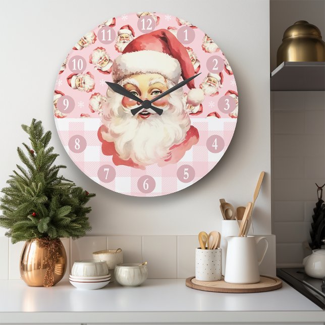 Retro Santa Claus Pink And White Plaid Christmas Large Clock (Creator Uploaded)