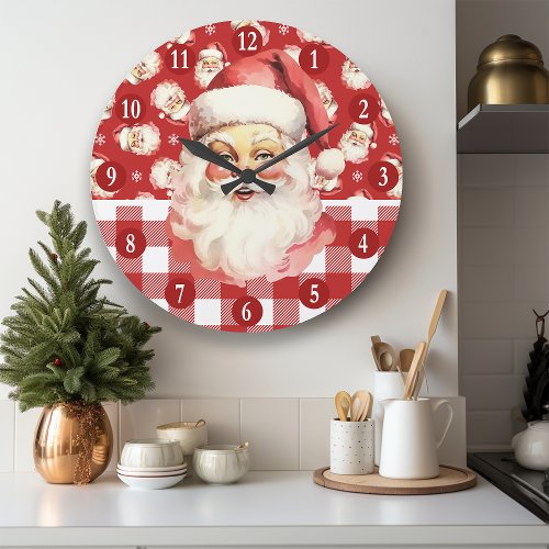 Retro Santa Claus Red And White Plaid Christmas Large Clock