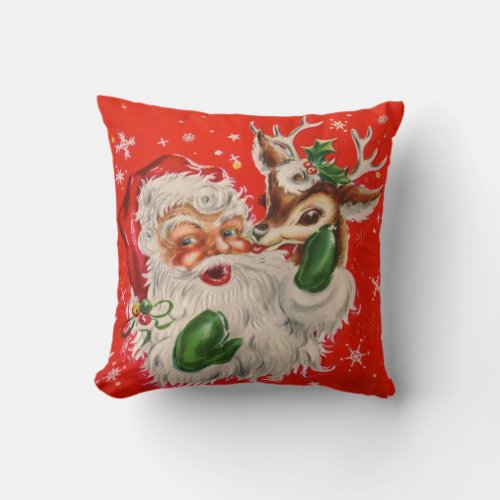 Retro Santa Claus  Reindeer Christmas Pillow