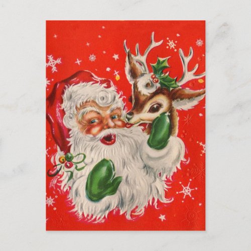 Retro Santa Claus  Reindeer Christmas Postcard