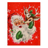 Retro Santa Claus & Reindeer Christmas Postcard
