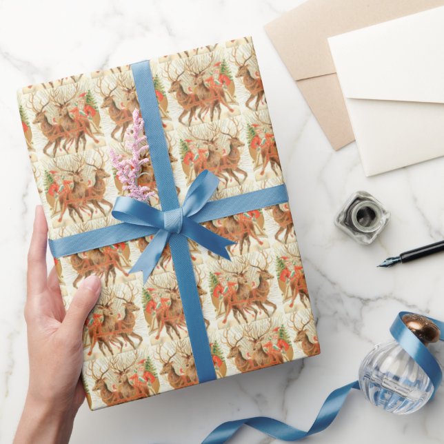 Retro Santa Claus Reindeer vintage christmas Wrapping Paper (Gifting)