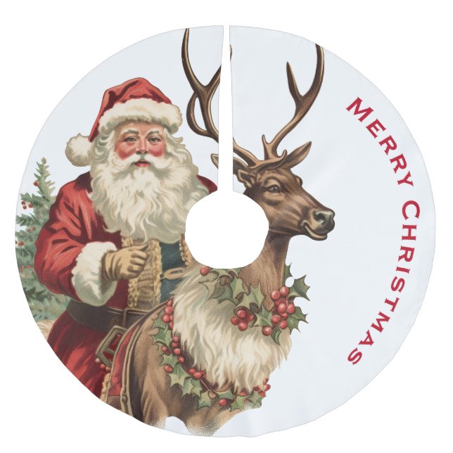 Retro Santa Claus Riding a Reindeer Christmas Brushed Polyester Tree Skirt (Front)
