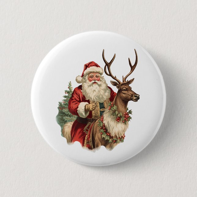 Retro Santa Claus Riding a Reindeer Christmas Button (Front)