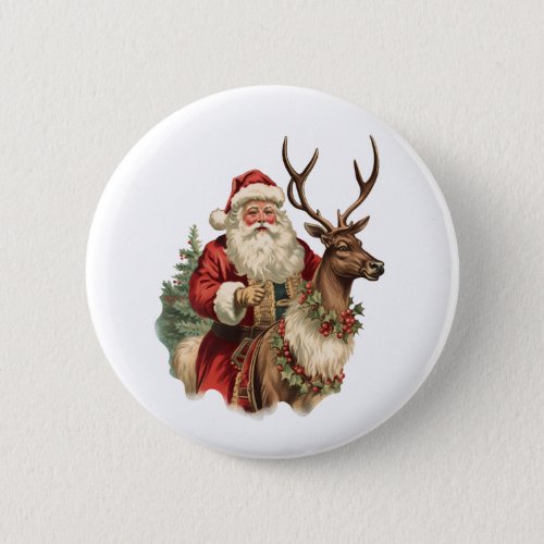 Retro Santa Claus Riding a Reindeer Christmas Button