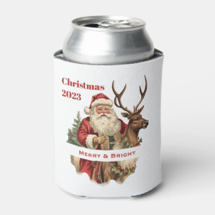 Retro Santa Claus Riding a Reindeer Christmas Can Cooler