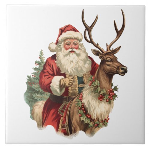 Retro Santa Claus Riding a Reindeer Christmas Ceramic Tile