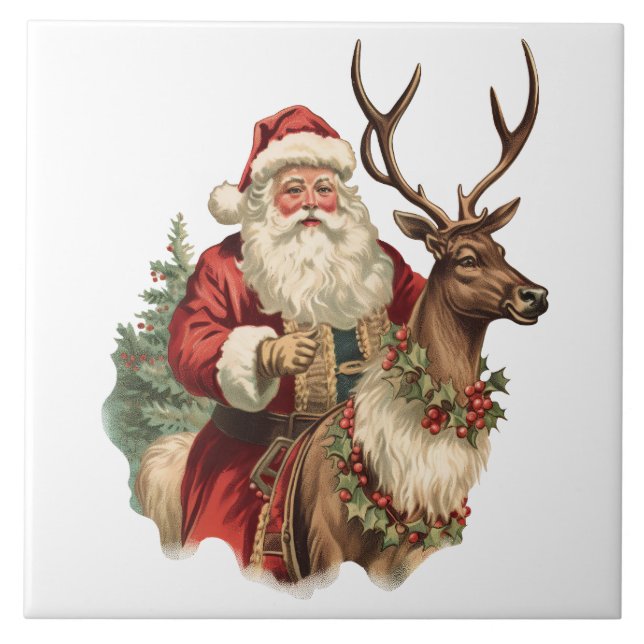 Retro Santa Claus Riding a Reindeer Christmas Ceramic Tile (Front)