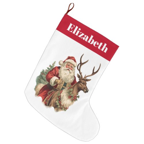 Retro Santa Claus Riding a Reindeer Christmas Large Christmas Stocking