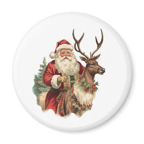 Retro Santa Claus Riding a Reindeer Christmas Magnet