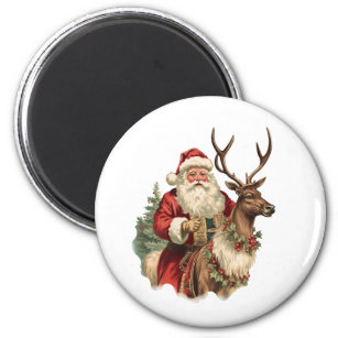 Retro Santa Claus Riding a Reindeer Christmas Magnet