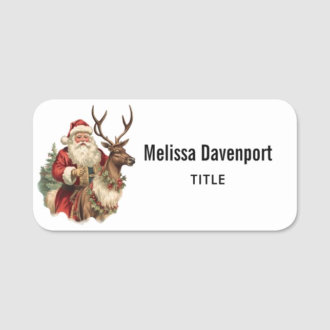Retro Santa Claus Riding a Reindeer Christmas Name Tag (Front)