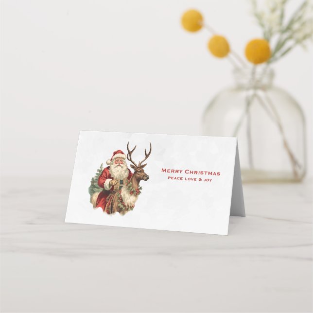 Retro Santa Claus Riding a Reindeer Christmas Place Card (Front)
