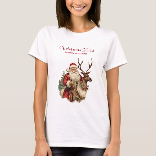 Retro Santa Claus Riding a Reindeer Christmas T_Shirt