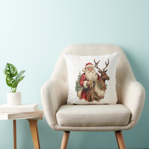 Retro Santa Claus Riding a Reindeer Christmas Throw Pillow
