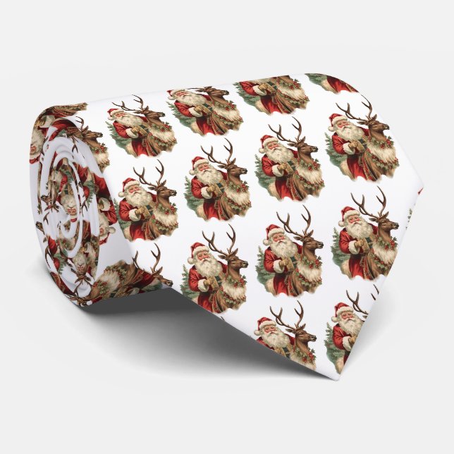 Retro Santa Claus Riding a Reindeer Pattern Neck Tie (Rolled)