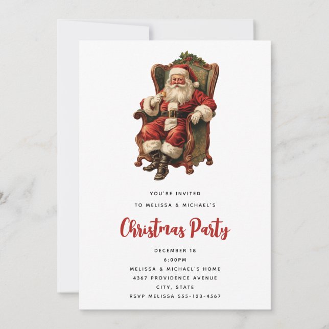Retro Santa Claus Sitting in a Chair Christmas Invitation (Front)