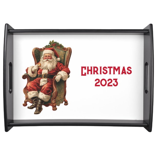 Retro Santa Claus Sitting in a Chair Christmas Serving Tray (Front)