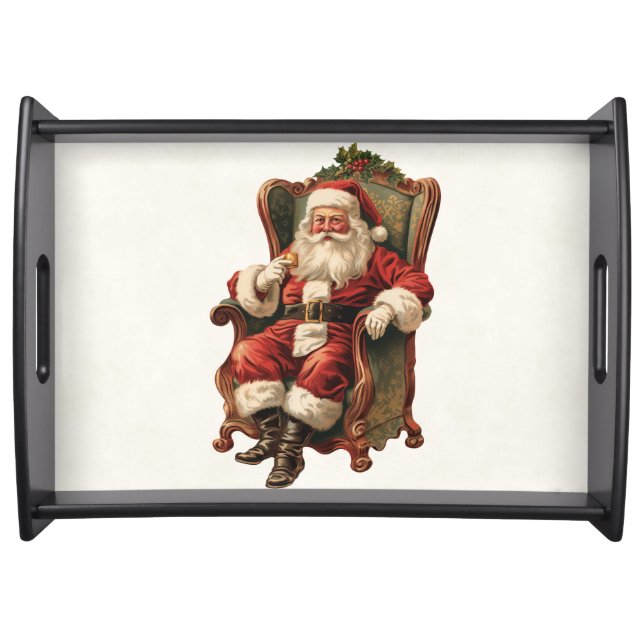 Retro Santa Claus Sitting in a Chair Christmas Serving Tray (Front)