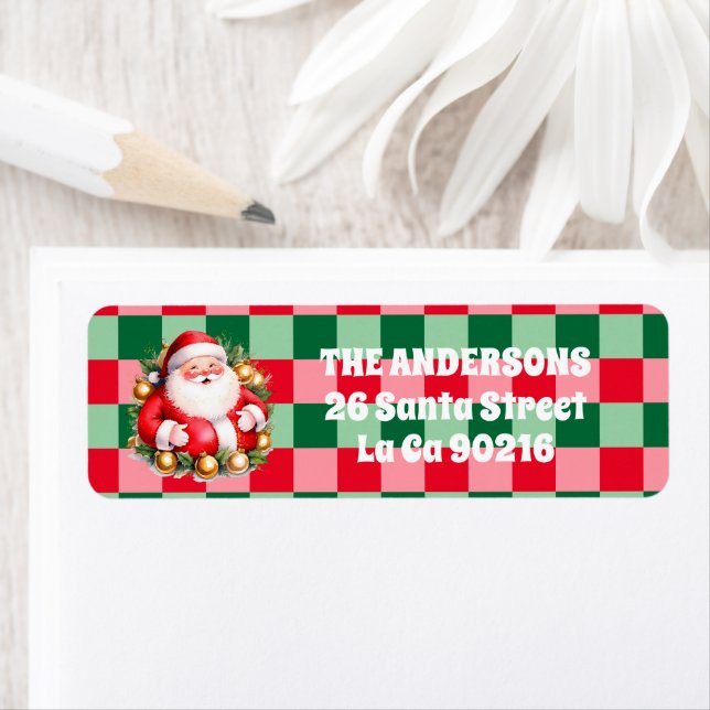 Retro Santa Claus Tartan Plaid Christmas Label (Insitu)