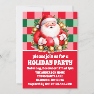 Retro Santa Claus Tartan Plaid Christmas Party Invitation