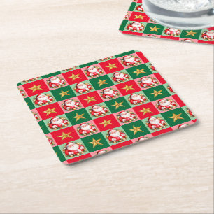 Retro Santa Claus Tartan Plaid Christmas Square Paper Coaster