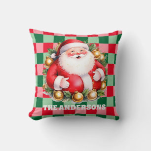 Retro Santa Claus Tartan Plaid Merry Christmas Throw Pillow