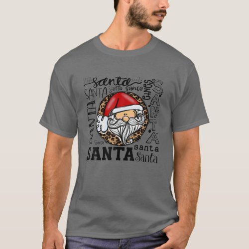 Retro Santa Claus Typography Leopard Print Red Buf T_Shirt