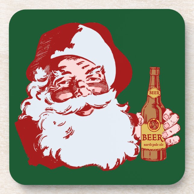 Retro Santa Claus with a Beer Christmas Beverage Coaster (Front)
