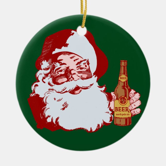 Retro Santa Claus with a Beer Christmas Funny Ceramic Ornament (Front)
