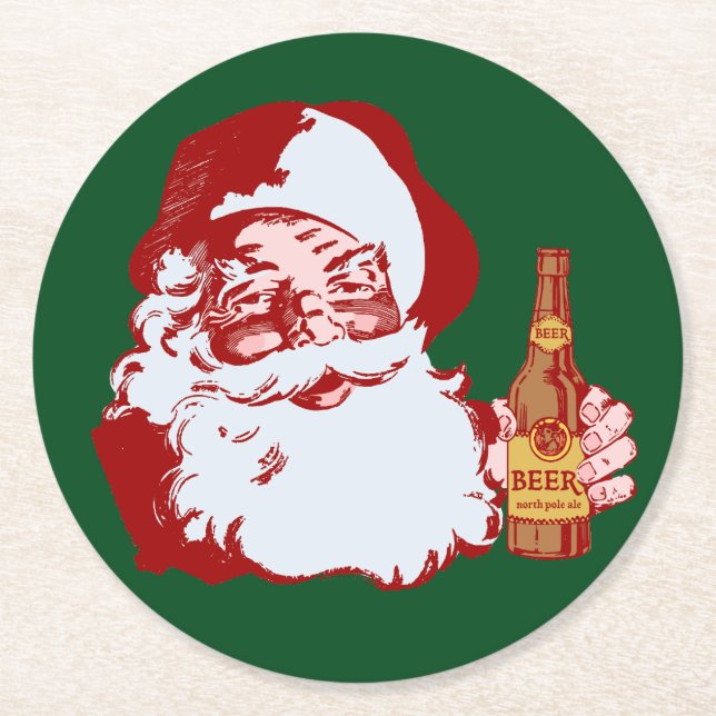 Retro Santa Claus with a Beer Christmas Round Paper Coaster (Front)