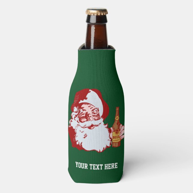 Retro Santa Claus with Beer Christmas Funny Custom Bottle Cooler (Bottle Front)
