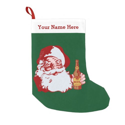 Retro Santa Claus with Beer Christmas Funny Name Small Christmas Stocking