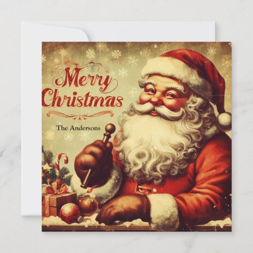 Retro Santa Claus with Christmas gift smiling Holiday Card