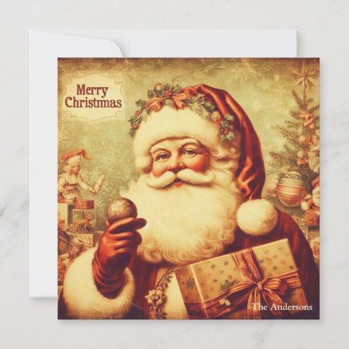 Retro Santa Claus with Christmas gift smiling Holiday Card