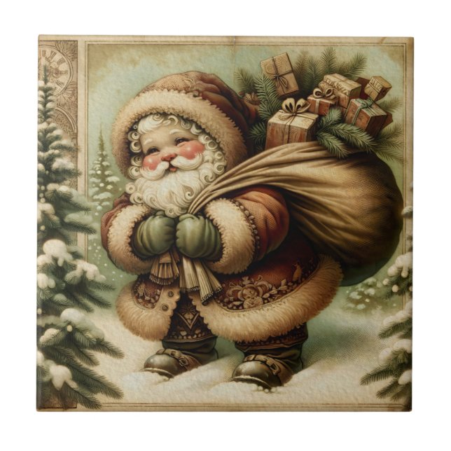 Retro Santa Claus with Gifts Ceramic Tile (Front)