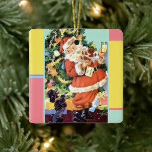 Retro Santa, Cookies and Milk, and Dancing Poodle  Ceramic Ornament