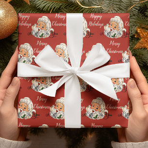 Retro Santa Face Pattern Custom Message Christmas Wrapping Paper