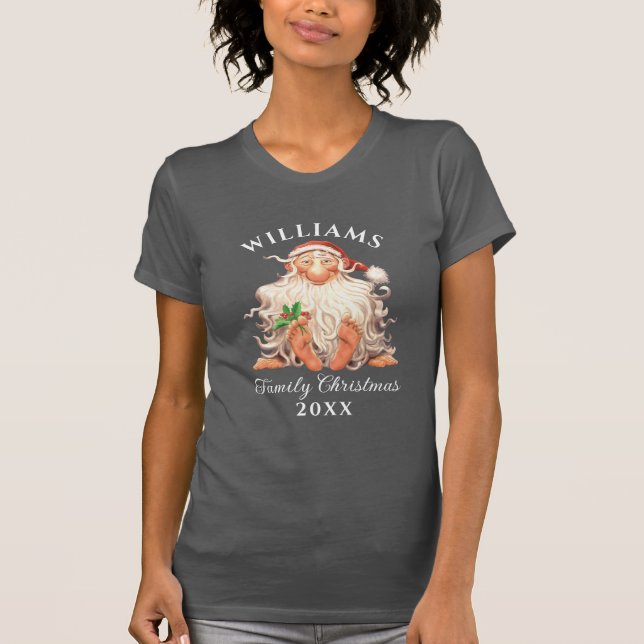 Retro Santa Family Christmas with Name and Yea T-Shirt (Front)